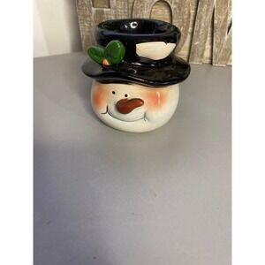Ceramic Snowman Head Tealight Candle Holder Black Top Hat Green Leaves